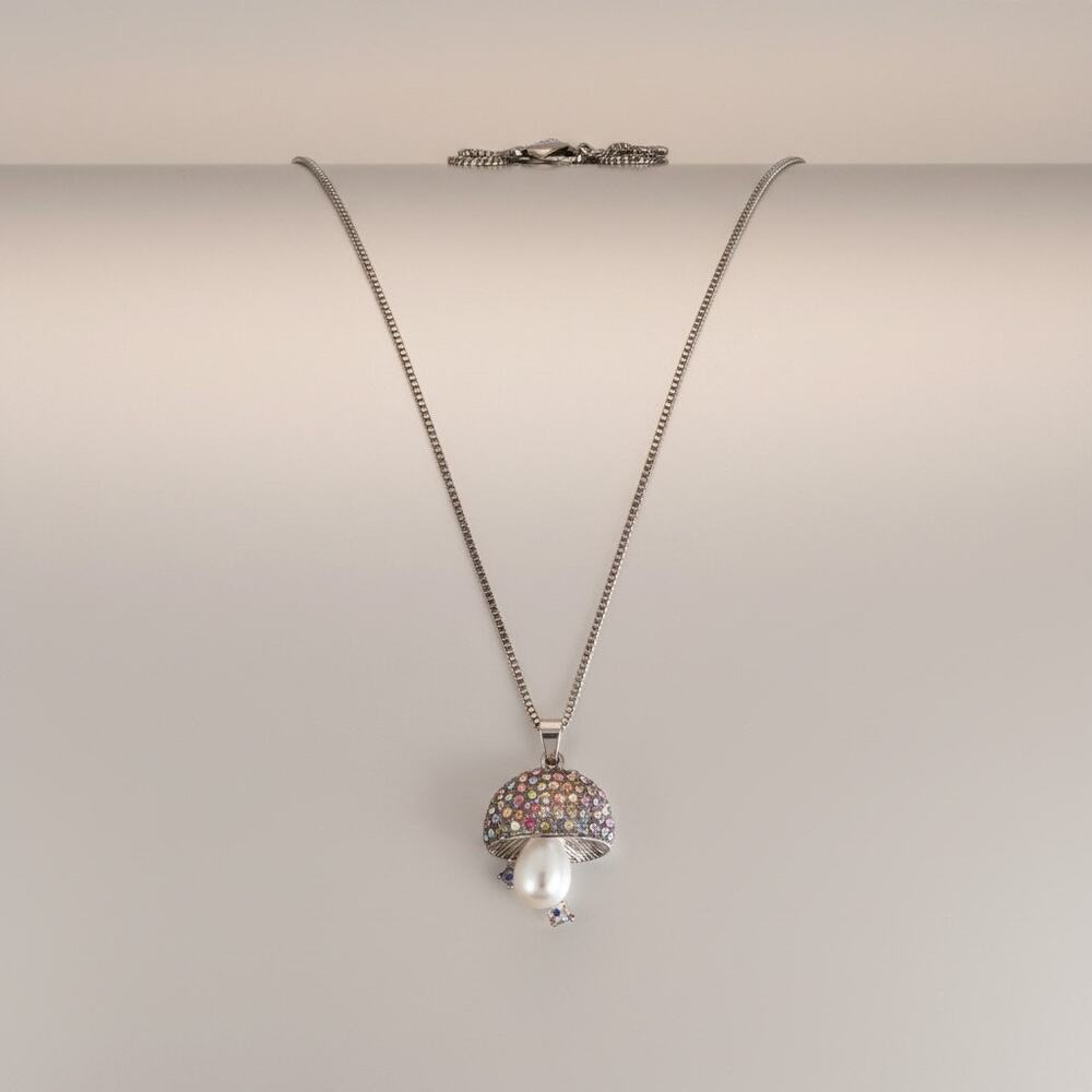 Betsey Johnson Rhinestone Mushroom Necklace  Silver Tone Pendant NWT - Picture 2 of 4